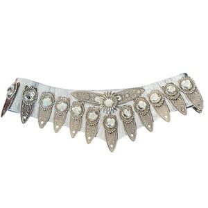 Vintage Leatherock Nina Arjani Silver Leather Bejeweled statement waist belt